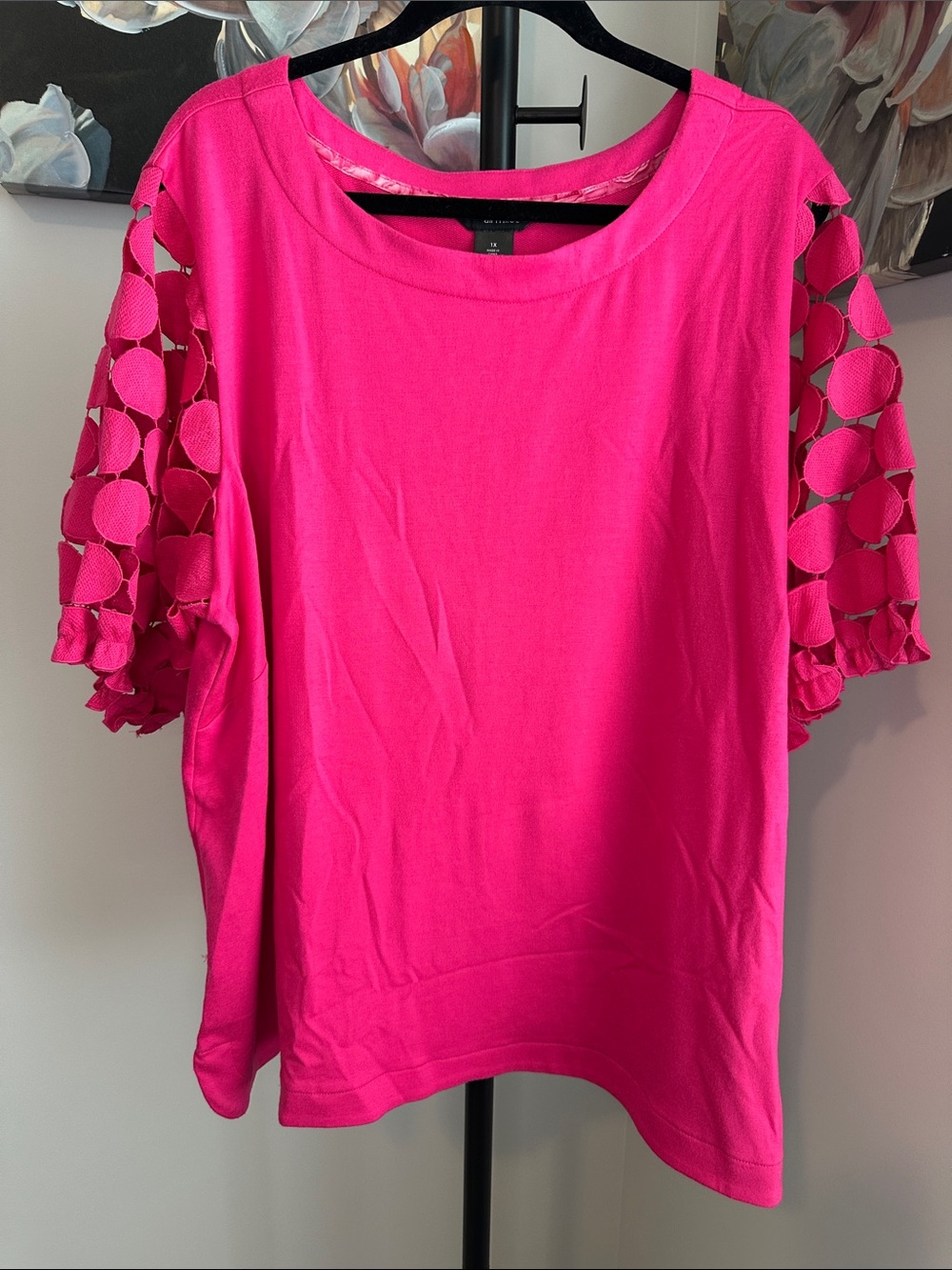Ali Miles Hot Pink Short Sleeve Top with Eyelet Circle Sleeve Detail
